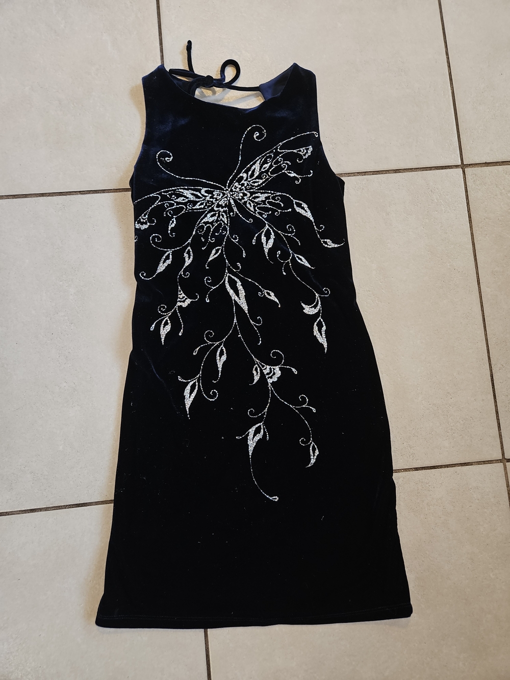 Blue Velvet Mini Dress with Silver Embellished Butterfly Detail